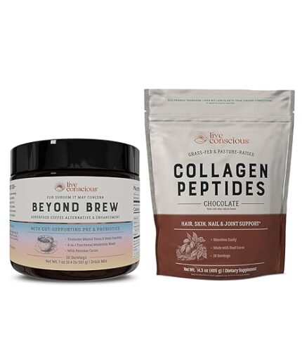 Beyond Brew & Collagen Peptides Chocolate | Mushroom Coffee Alternative Low Caffeine + Hair, Skin, Nail, and Joint Support