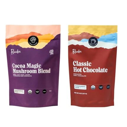 Raaka Chocolate Vegan Hot Chocolate Bundle with Classic Hot Chocolate Mix 8oz Bag and Cocoa Magic Mushroom Blend 5oz Bag with Lion's Mane, Reishi and Lucuma | Organic, Vegan, Kosher, Dairy Free