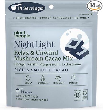 NightLight Mushroom Cacao Mix Bedtime Drink to Support Sleep & Recovery Doctor-formulated, Great Tasting Hot Cocoa Mix with Magnesium, L-Theanine, Chaga, Reishi, & Turkey Tail Mushrooms 14 Servings