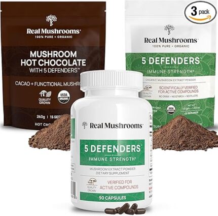 Real Mushrooms Hot Chocolate Mix (15srv), 5 Defenders Extract Powder (45srv), & 5 Defenders Supplements (90ct) Bundle to Support Immunity & Overall Wellbeing - Gluten-Free, Non-GMO, Vegan