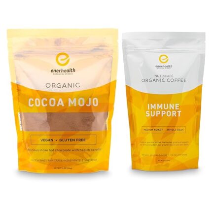 Enerhealth Botanicals Mushroom Cocoa & Coffee Bundle – 16oz Pack of Cocoa Mojo Certified Organic Cocoa Mix and 12oz Pack of Immune Support Whole Arabica Bean Coffee infused with 6 Mushrooms