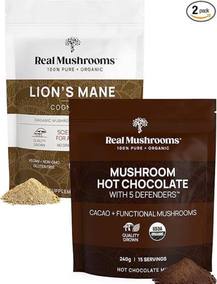 Real Mushrooms Hot Chocolate Mix (15 Servings) and Lion’s Mane (60 Servings) Powder Bundle - Mushroom Powder Supplement for Daily Immunity & Cognition Support - Gluten-Free, Non-GMO, Vegan